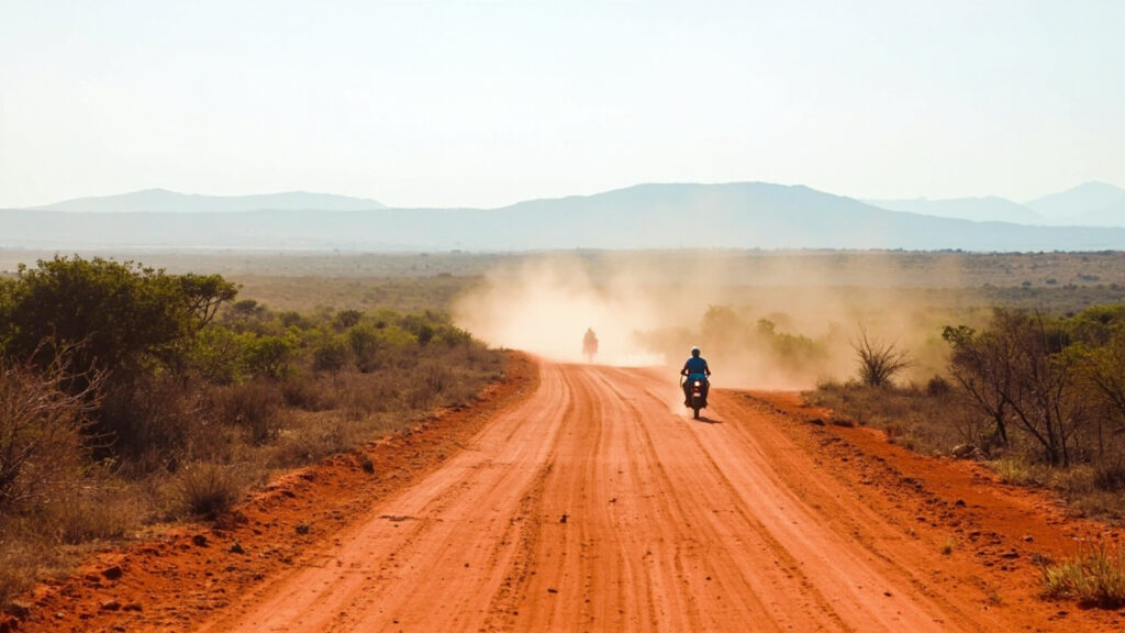 A dusty unpaved road winding through sparse savanna vegetation in northeastern Uganda with a motorbike raising dust as it travels away.