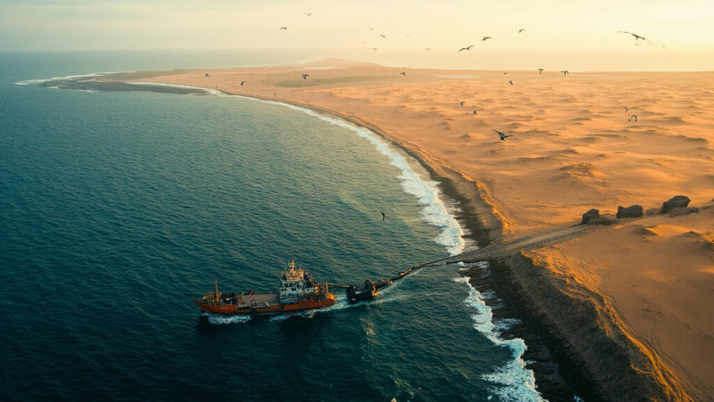 An aerial view of a rugged Atlantic coastline with an industrial vessel anchored offshore, illustrating the marine mining setting.