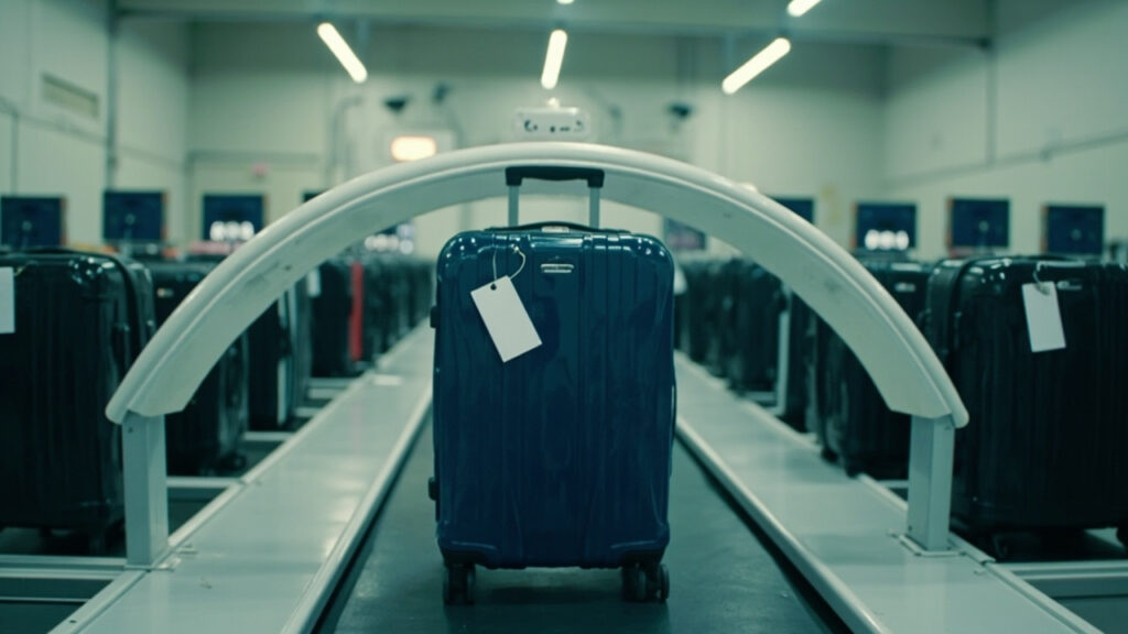 A scanner reading RFID tags on suitcases moving along an airport conveyor belt.