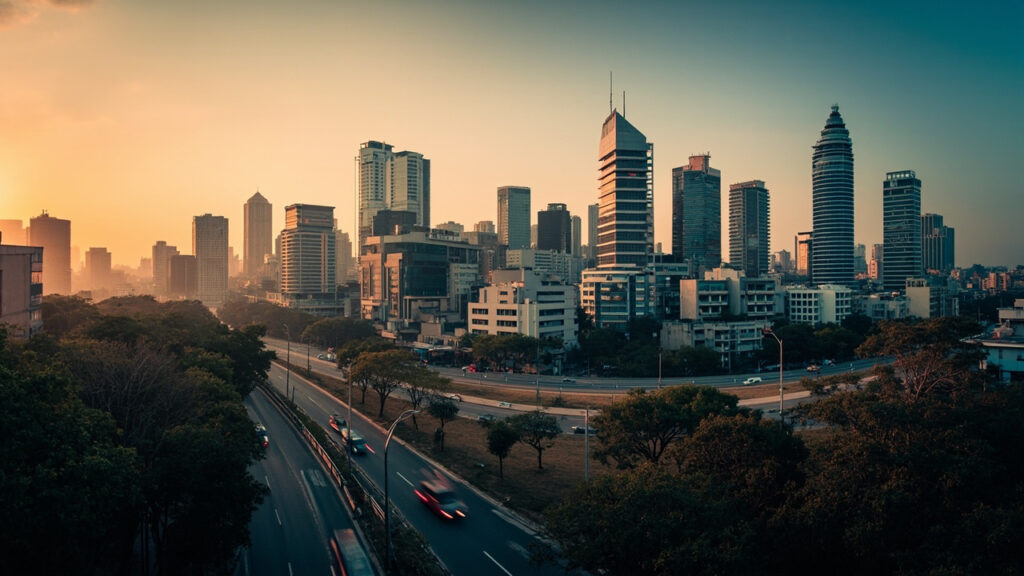 Panoramic view of Nairobi's central business district skyline at dusk, showing modern glass office towers and a curving multi-lane road in t