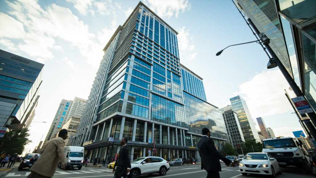 A modern glass-and-steel bank headquarters tower in a major African business district, with people and vehicles moving at street level.