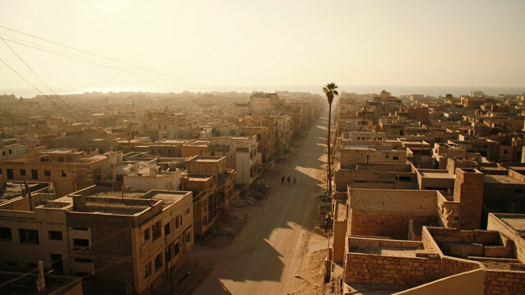 An aerial view of a densely built Mediterranean coastal city under hazy light.