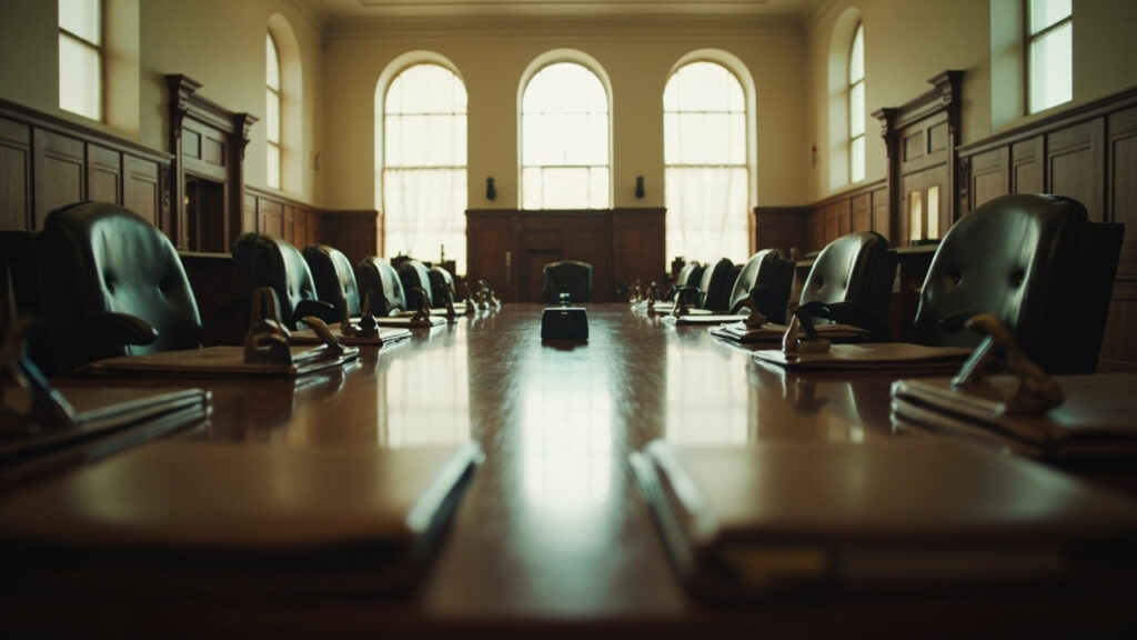 A formal interior of a municipal chamber with a polished conference table set for a bilateral meeting, soft daylight through tall windows.