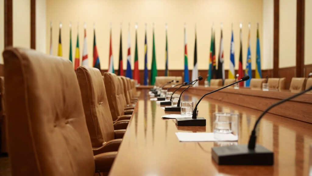 A wide interior view of a formal regional summit room with a row of national flags behind a polished meeting table, microphones arranged in