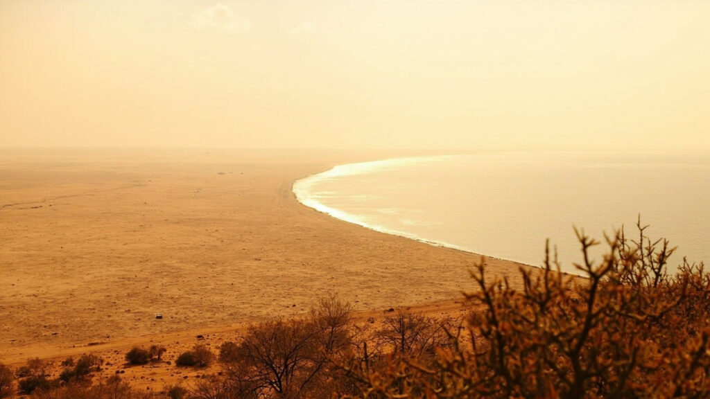 A wide view of the receding shoreline of Lake Chad, where the water meets parched Sahel terrain.