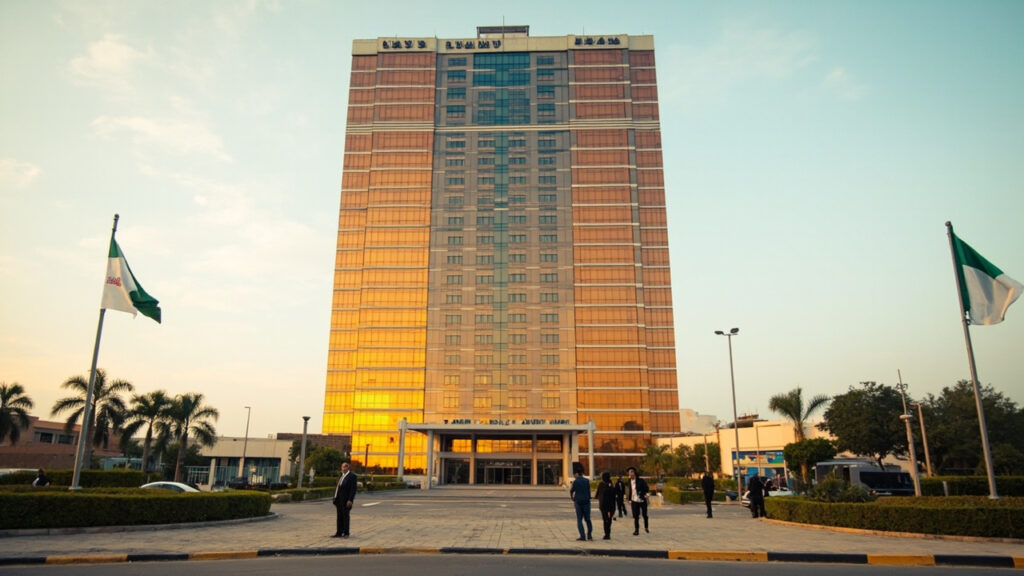 The headquarters of the Nigerian National Petroleum Company, a tall corporate office tower in Abuja, with a paved forecourt.