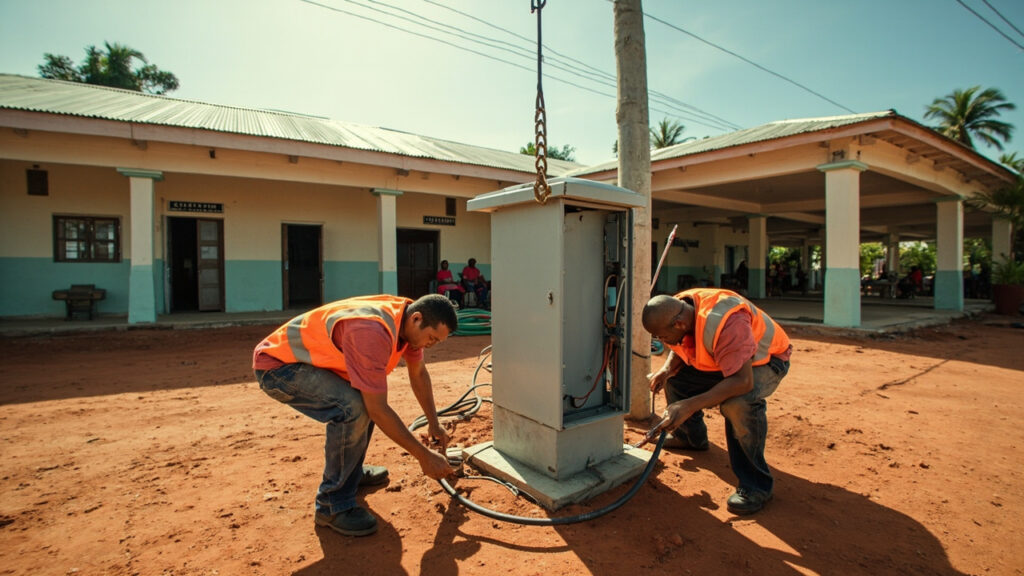 A hospital exterior in a tropical setting with workers installing an electrical distribution panel near the entrance.