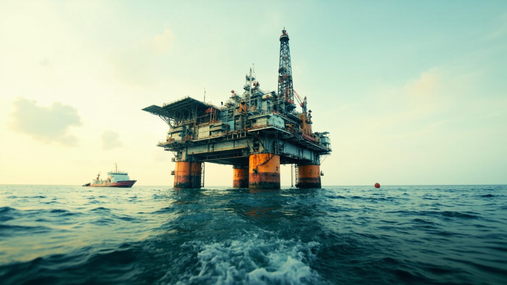 An offshore oil and gas platform standing in the open sea, with associated steel infrastructure visible against a clear sky.