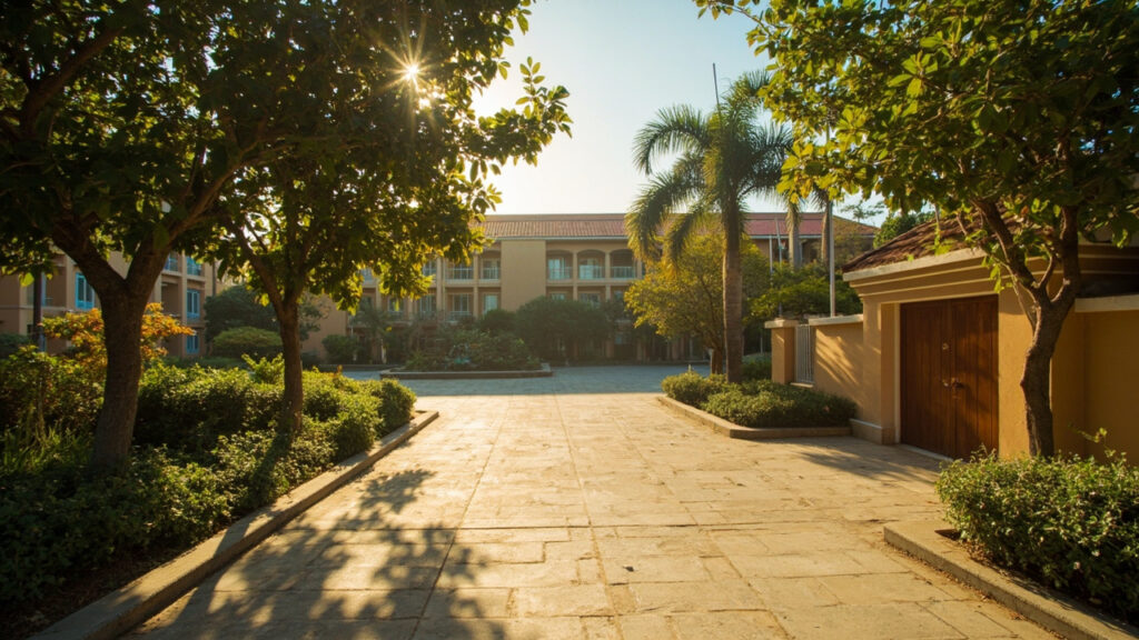 An empty pedestrian walkway leading to lecture buildings on a Nigerian university campus during the morning, with no people present.