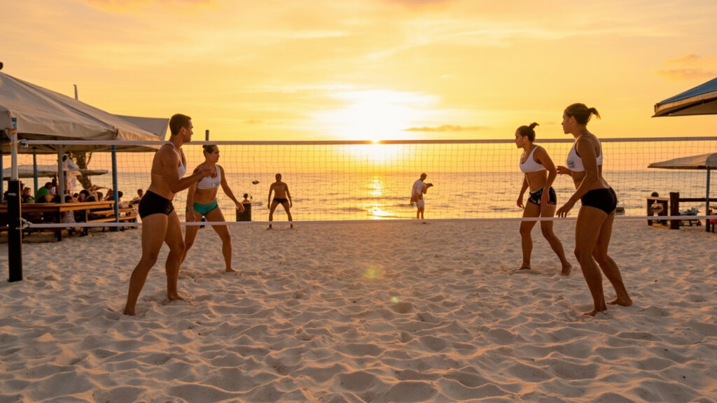 An outdoor beach volleyball match on a sand court at sunset, with two pairs of players at the net and spectators watching from shaded benche