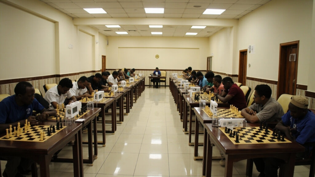 A chess tournament hall with players seated at rows of tables studying boards during a rapid chess match in Abuja.