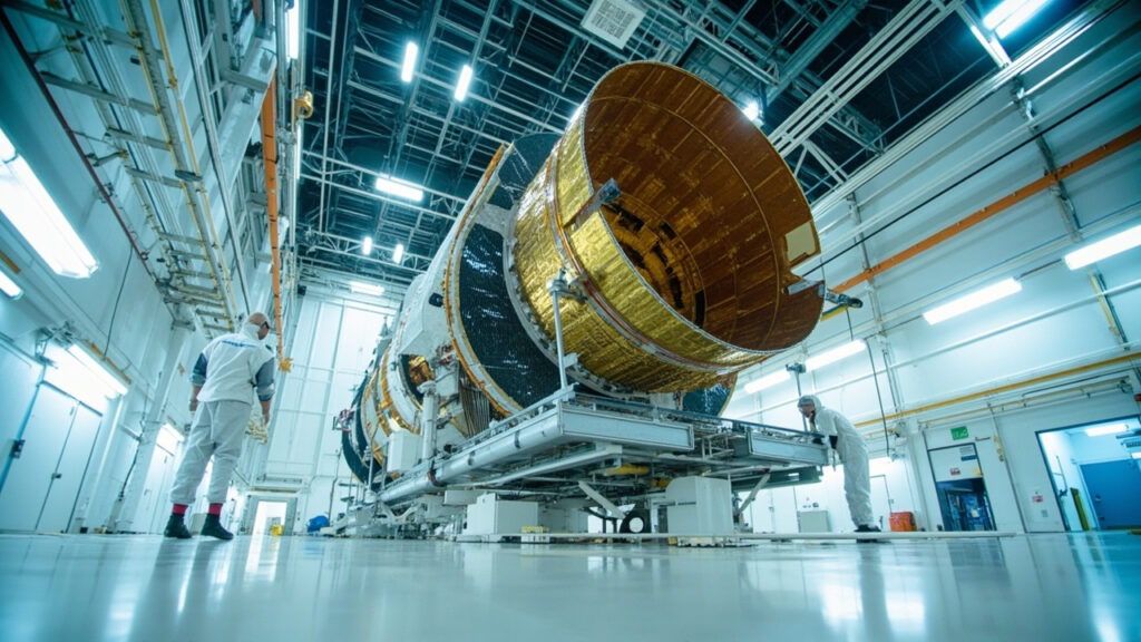 A communications satellite under construction in a clean-room assembly facility, with engineers in protective suits working on its solar pan
