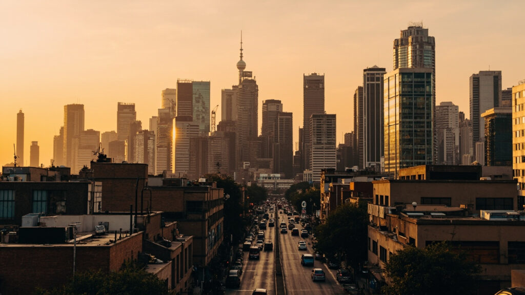 A wide view of the Lagos skyline at dusk, showing dense modern high-rise towers that house many of Nigeria's technology and financial firms.