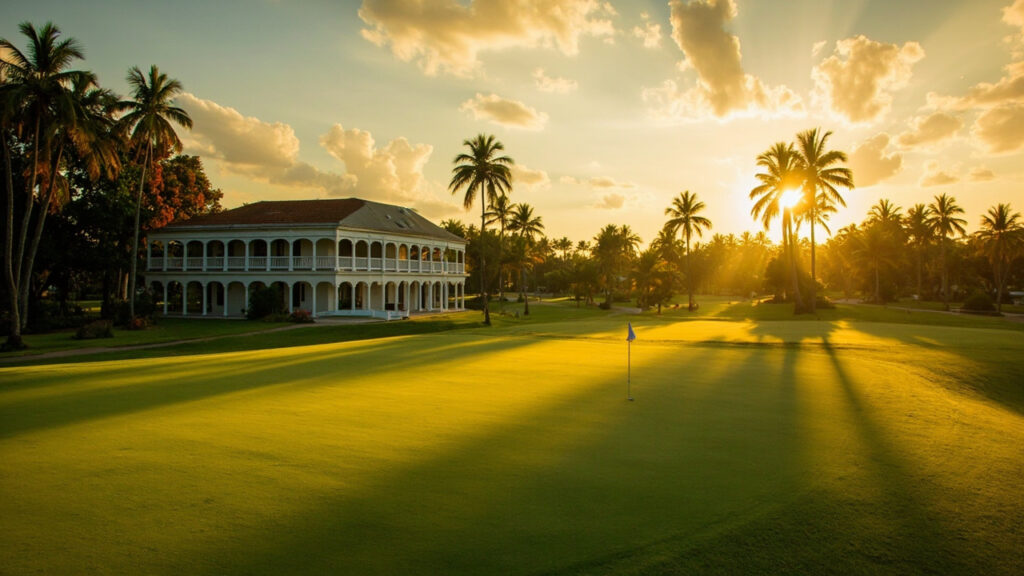 A Nigerian golf course with a colonial-era clubhouse and a manicured fairway bathed in golden late-afternoon light.