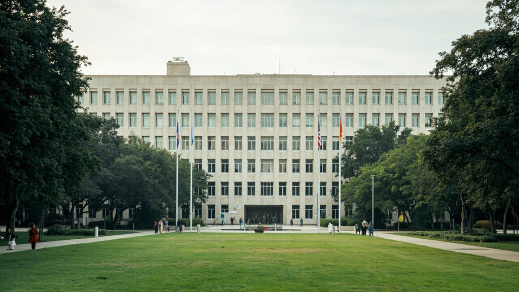 An exterior view of the OPEC headquarters building in Vienna with a courtyard and surrounding office blocks.