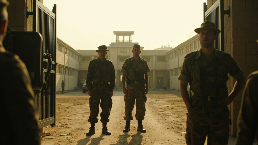 A wide view of a Nigerian military barracks entrance at dawn with soldiers standing guard at the gate.