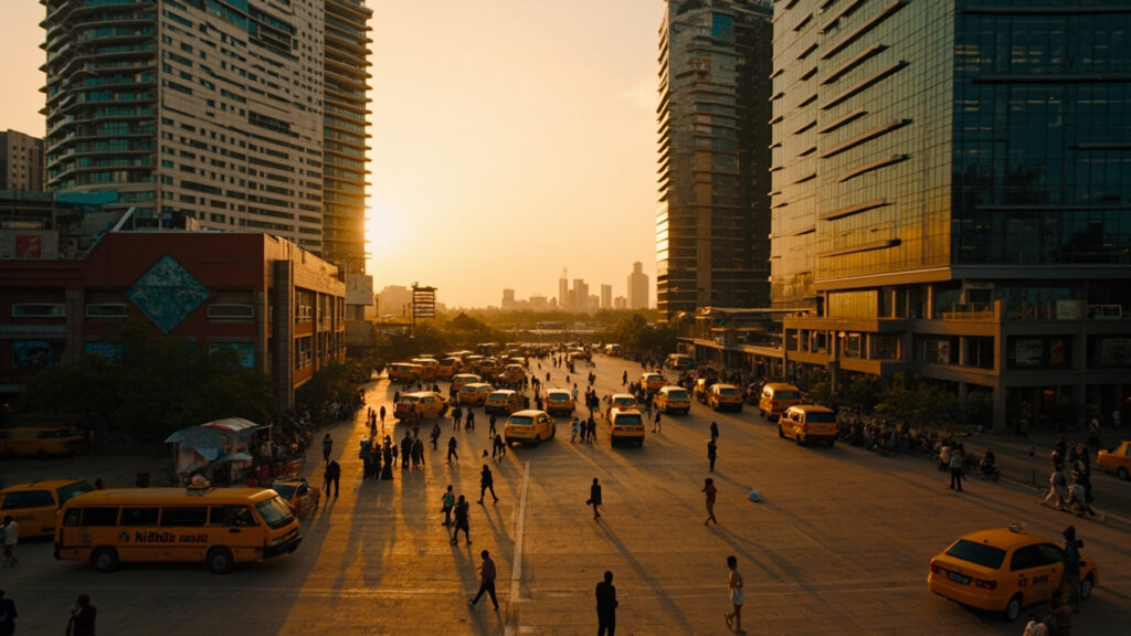 A modern African financial district skyline at dusk with glass office towers, street-level retail, and yellow taxis representing Nigeria's c