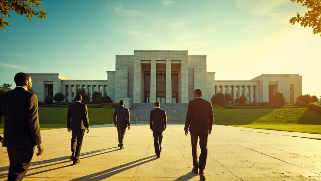 An exterior photograph of a civic government building in a West African capital, with figures in formal attire walking toward the entrance o