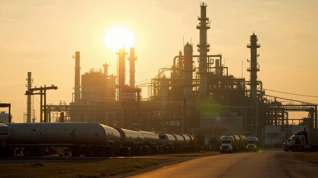 An industrial oil refinery with tall distillation columns, storage tanks and pipelines under a hazy sky.