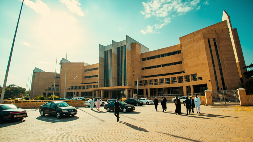 A wide photograph of the entrance plaza to a large federal government administrative complex, with small figures visible in the forecourt.