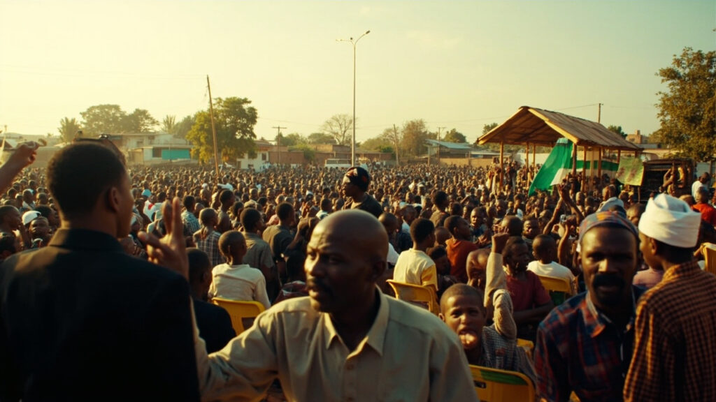 An open-air political rally ground in southwestern Nigeria with a crowd gathered around a raised speaking platform under afternoon sunlight.