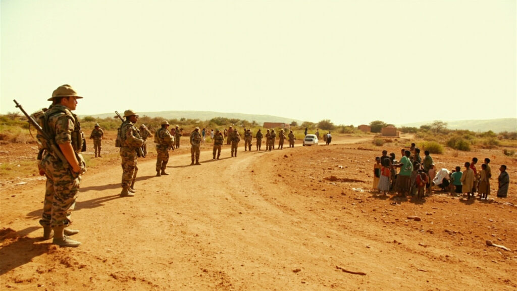 Nigerian soldiers standing in a dry rural landscape with a group of rescued women and children gathered nearby on dusty ground.