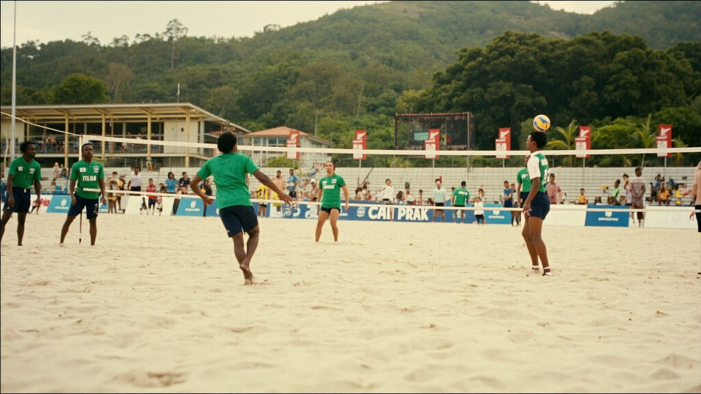 Two beach volleyball teams compete on an outdoor sand court beside a net, with officials and spectators visible in the background.