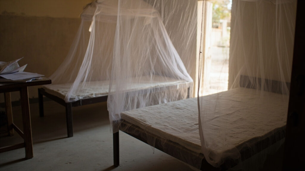 Insecticide-treated bed nets hung over beds inside a simple rural Nigerian home, with a mosquito net distribution pamphlet on a wooden table