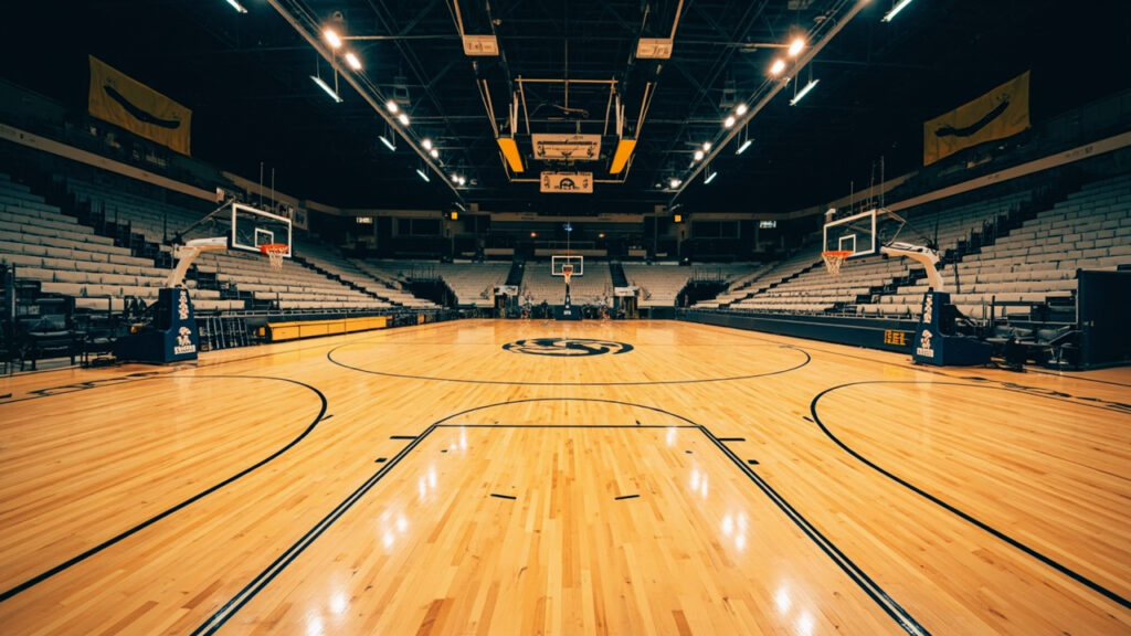 An indoor basketball arena in Nigeria with a polished wooden court, tiered seating and overhead lighting.
