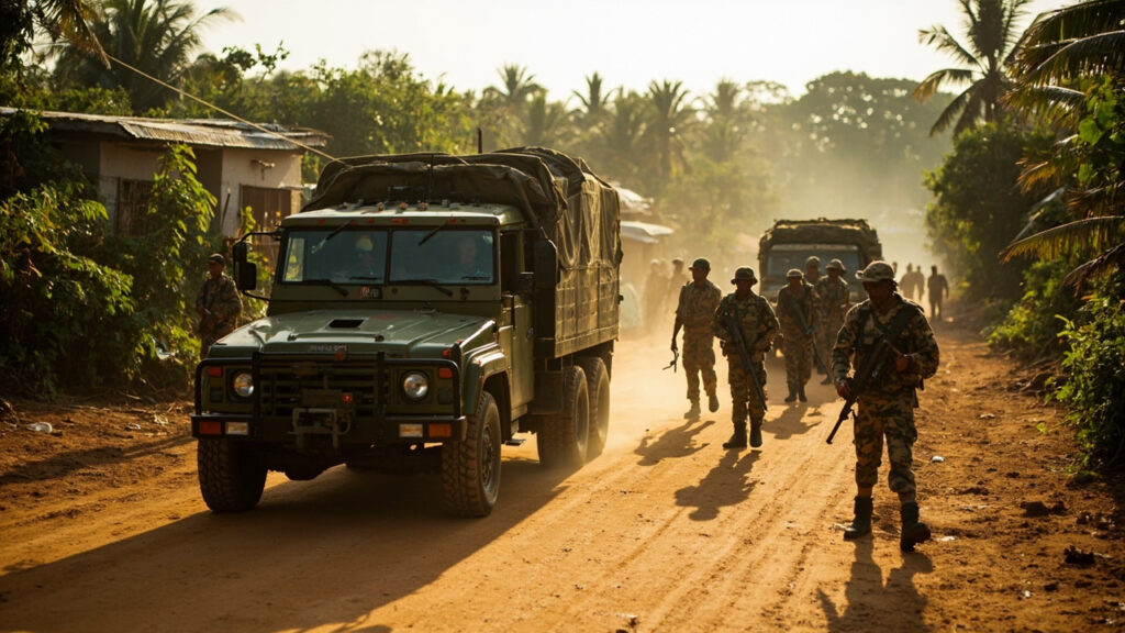 Nigerian Army soldiers deployed in a rural southeastern Nigerian community setting, with military vehicles and tropical vegetation visible.