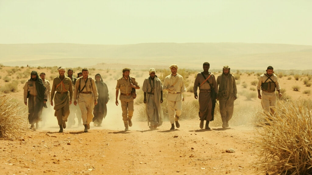 Soldiers and rescued civilians walking together across a dry, dusty landscape in northern Nigeria's rural hinterland.