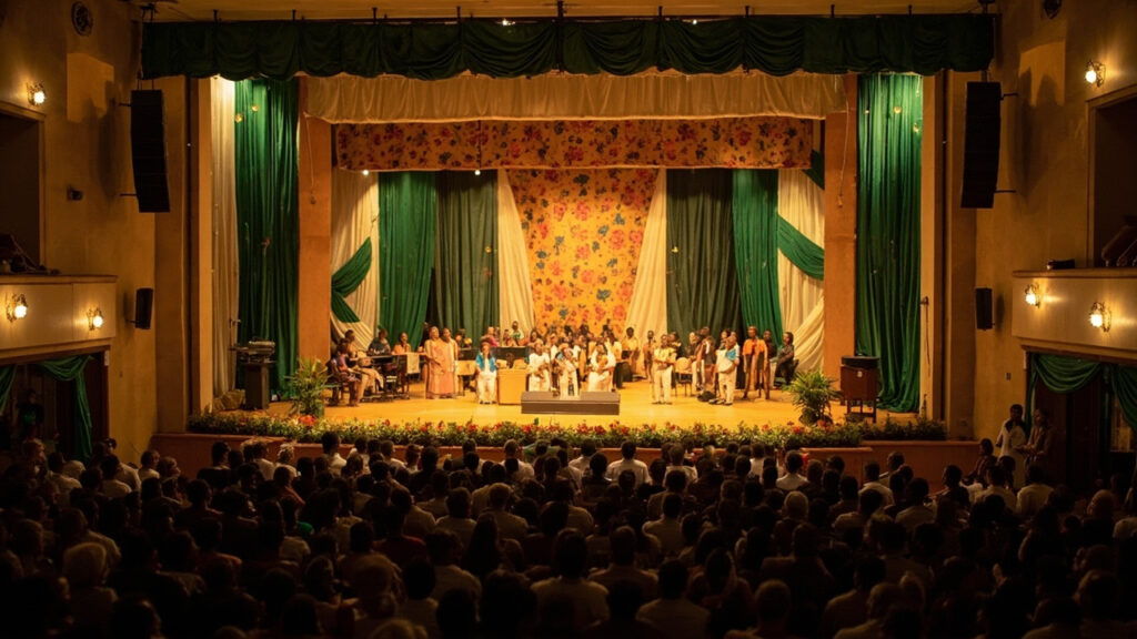 An indoor cultural festival venue with a decorated stage, audience seated in rows, and warm lighting during an awards or recognition ceremon