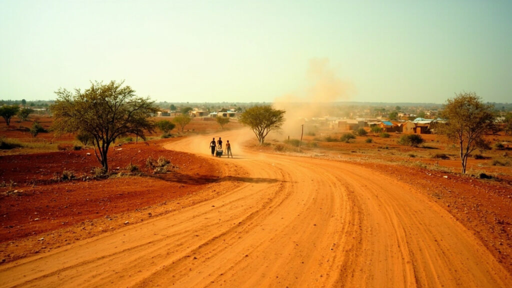 A remote unpaved road winding through dry savanna terrain in rural north-central Nigeria.