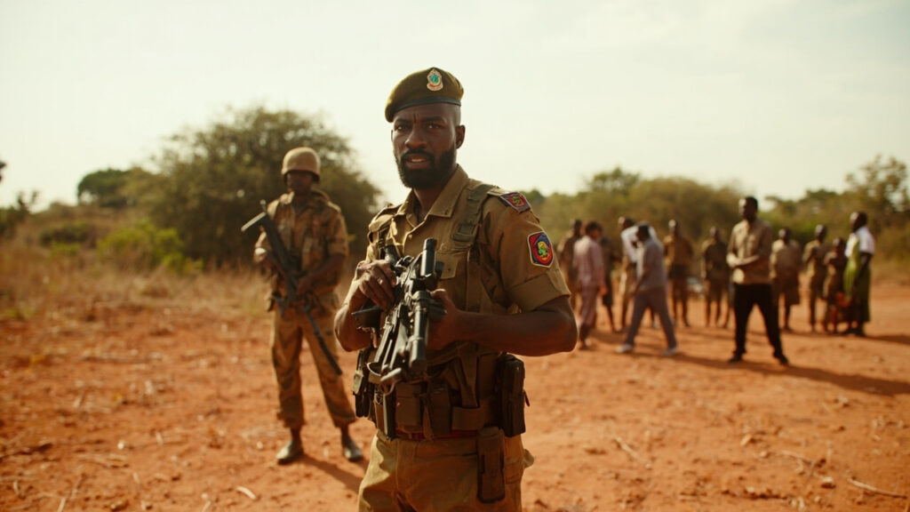 Uniformed security personnel standing near a group of civilians in a dry rural landscape during a security operation in northern Nigeria.