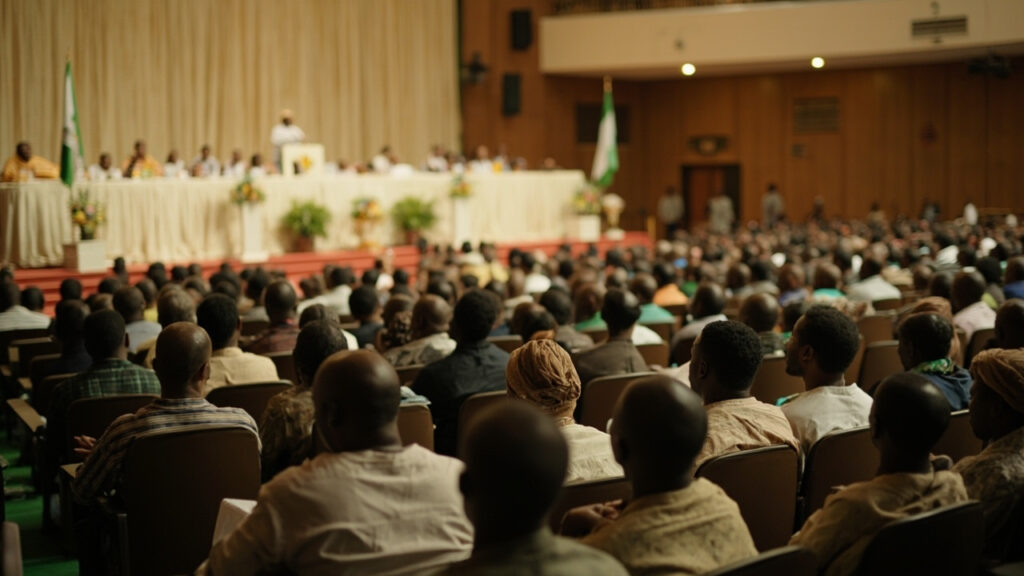 A political gathering in a Nigerian hall with attendees seated facing a podium at the front of the room.