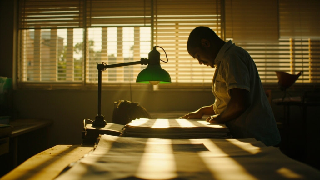A sunlit newsroom interior in West Africa, with stacked printed pages on a wooden desk, venetian blinds casting striped shadows, and a worke
