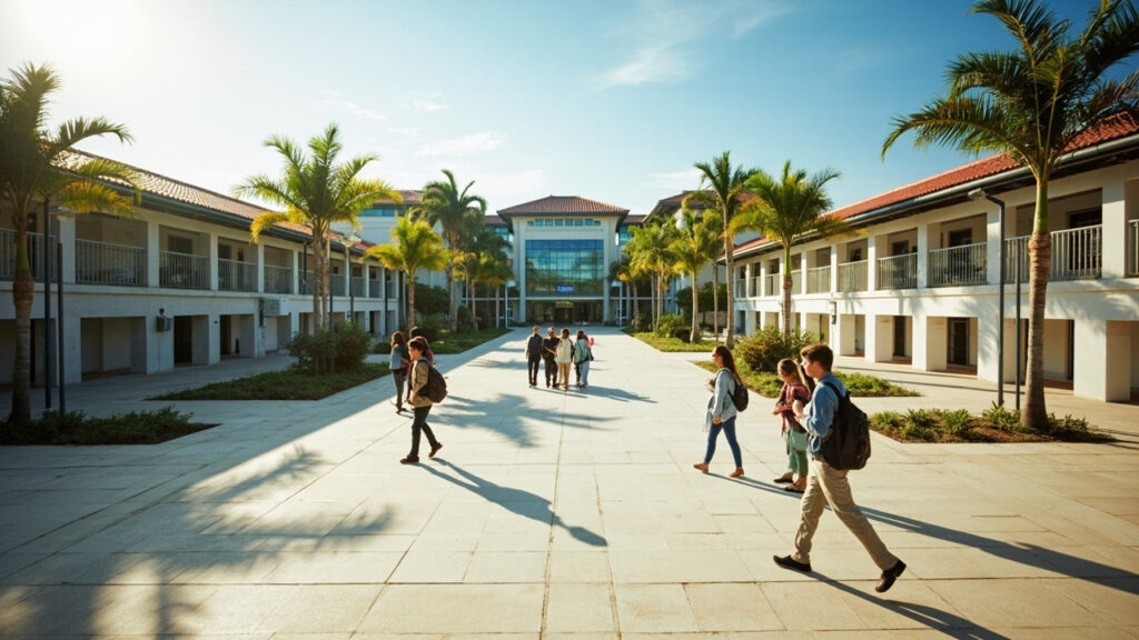 A modern Nigerian university campus with academic buildings, paved walkways and students in the foreground.