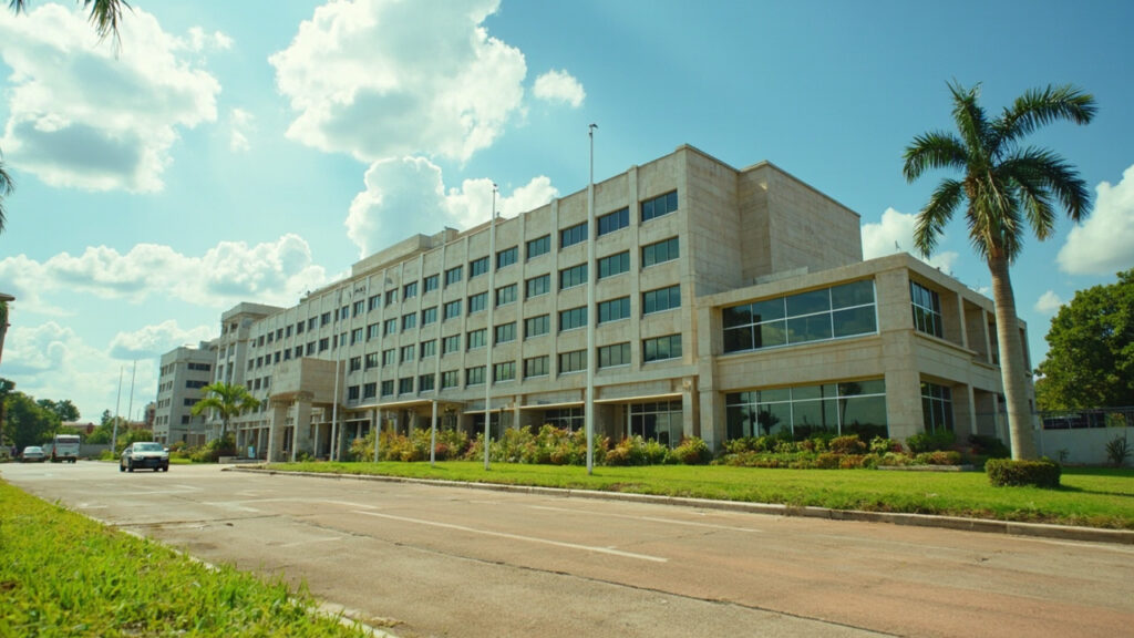 An exterior view of the Federal Inland Revenue Service headquarters building in Abuja, with low-rise modern government architecture and land