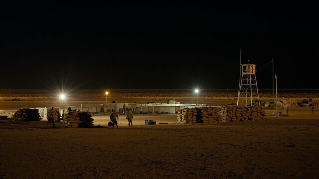Nigerian soldiers in desert camouflage patrol a dusty military outpost with sandbags and a watchtower at dusk.