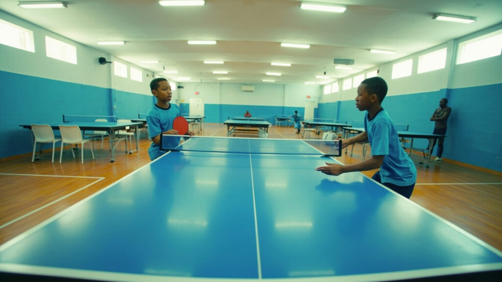 Young table tennis players competing on a blue table inside the National Stadium Indoor Hall in Lagos.