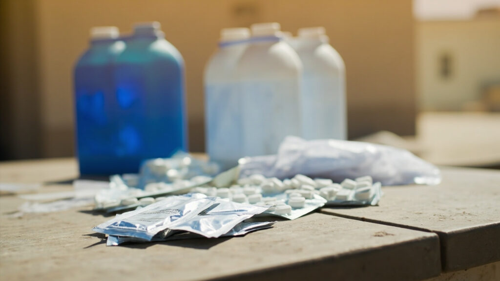 Public health supplies for cholera response — foil packets of oral rehydration salts and water purification tablets arranged on a wooden tab