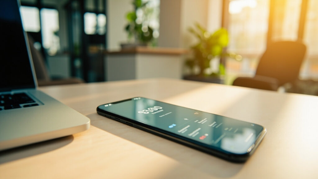 A smartphone displaying a digital wallet interface resting on a wooden desk beside a laptop, in a modern office setting.