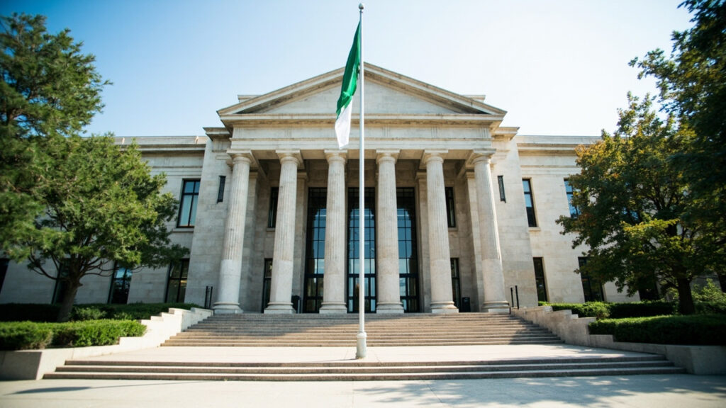 A modern courthouse exterior with steps leading to columned entrance and a Nigerian flag flying in front.