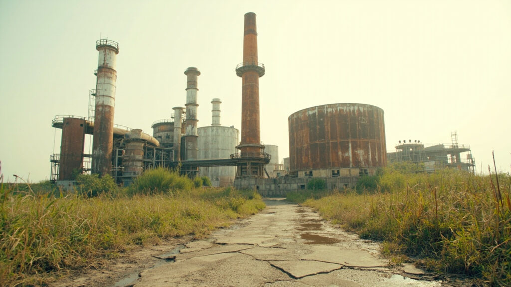 An idle refinery complex with rusted distillation columns and overgrown vegetation.
