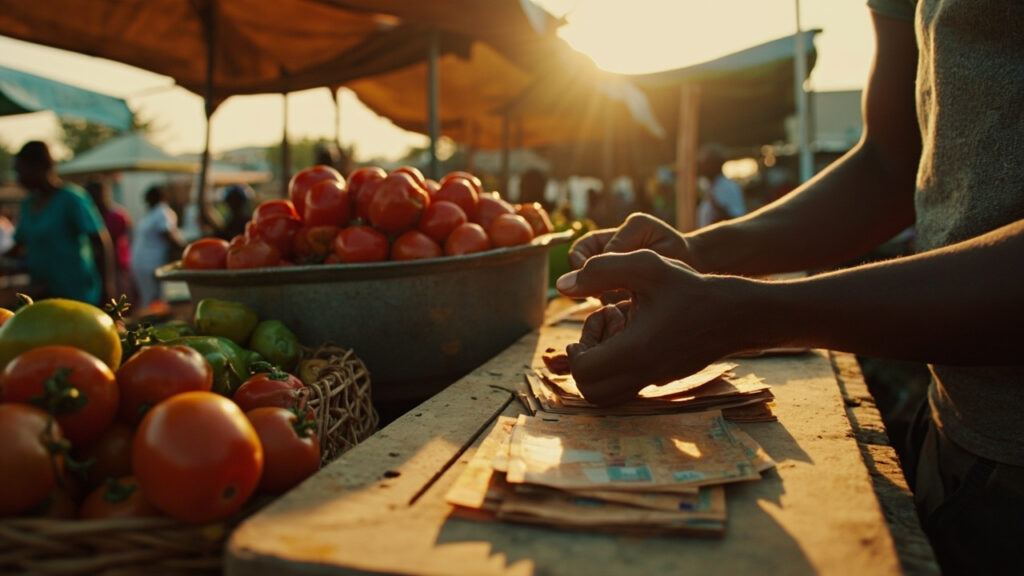 Hands of a vendor count paper naira banknotes on a wooden market stall, with piles of red and green produce in a metal basin nearby and othe