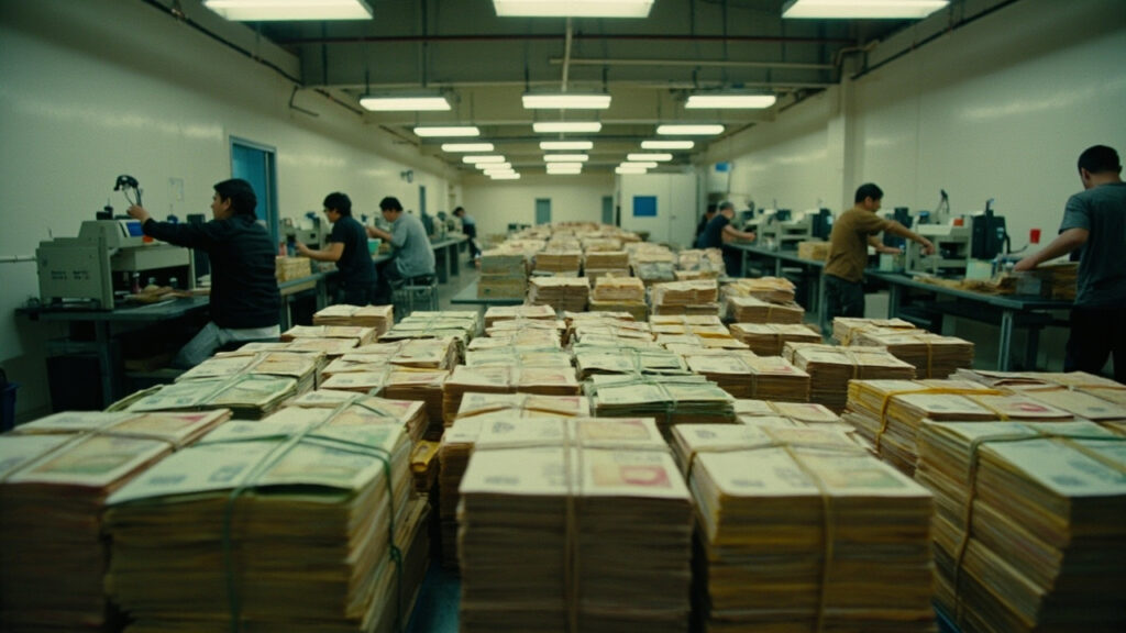 Newly printed Nigerian naira banknotes stacked and sorted inside a currency processing room, with workers operating counting machines at met