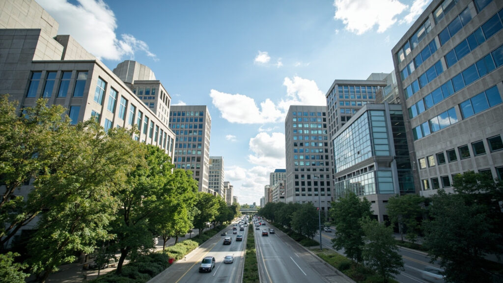A wide exterior view of government and financial district buildings in Abuja, showing modern civic architecture on a clear day.