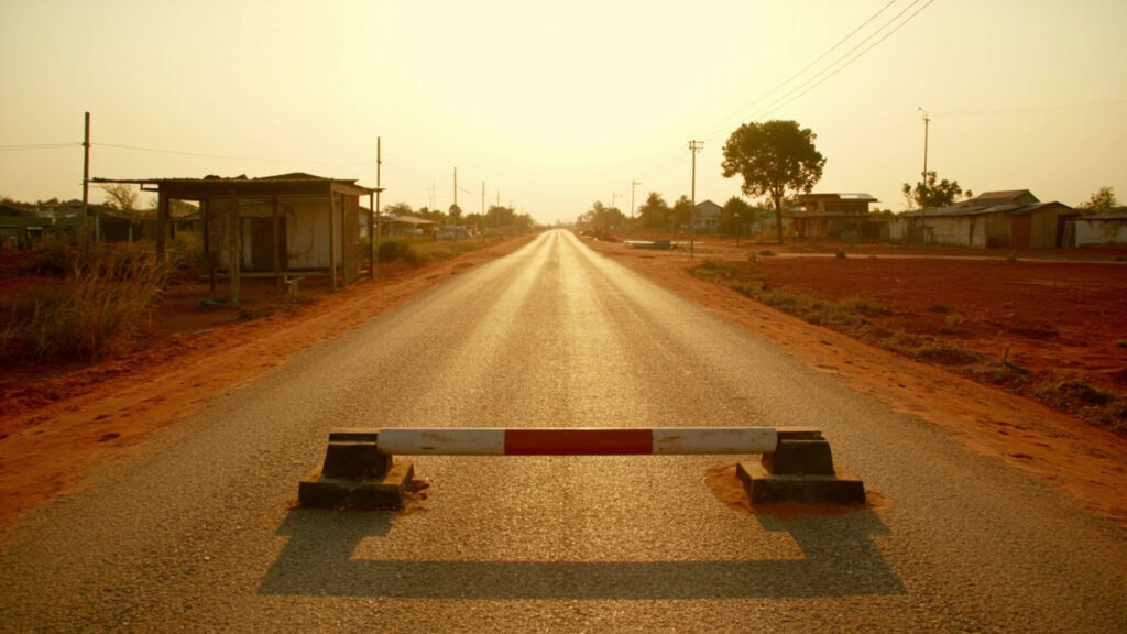 An empty police checkpoint on a Nigerian road at dusk, showing a barrier across the tarmac with surrounding vegetation.