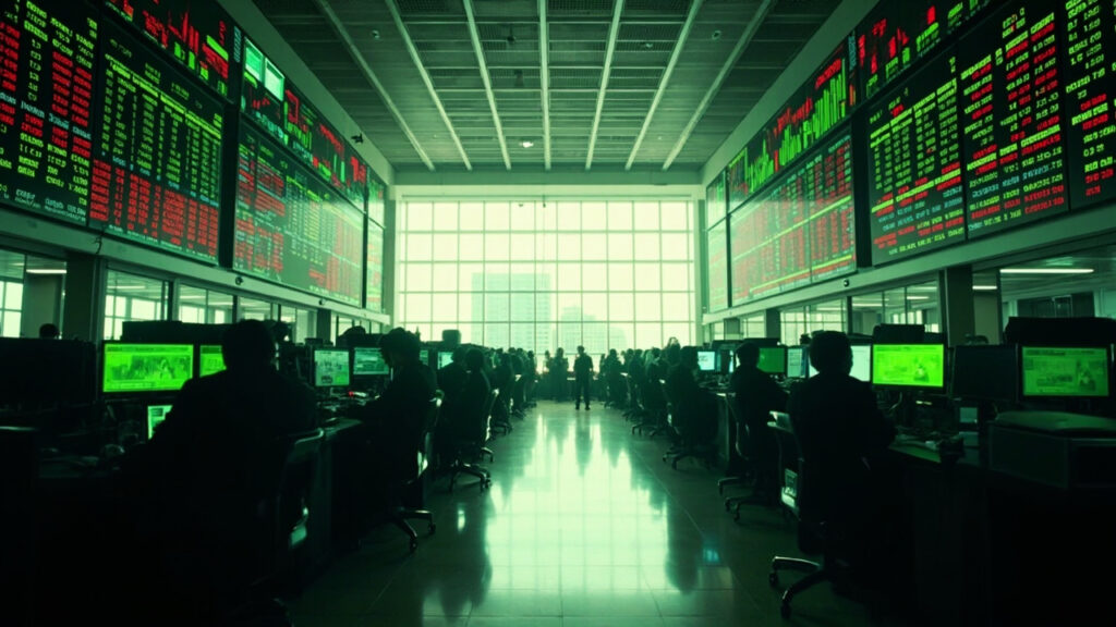 The trading floor of the Nigerian Stock Exchange in Lagos with electronic display boards showing market data and brokers at work.