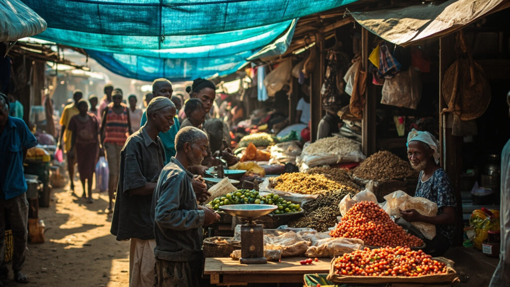 A crowded open-air Nigerian market with stallholders selling staple foods to customers under tarpaulin roofing.